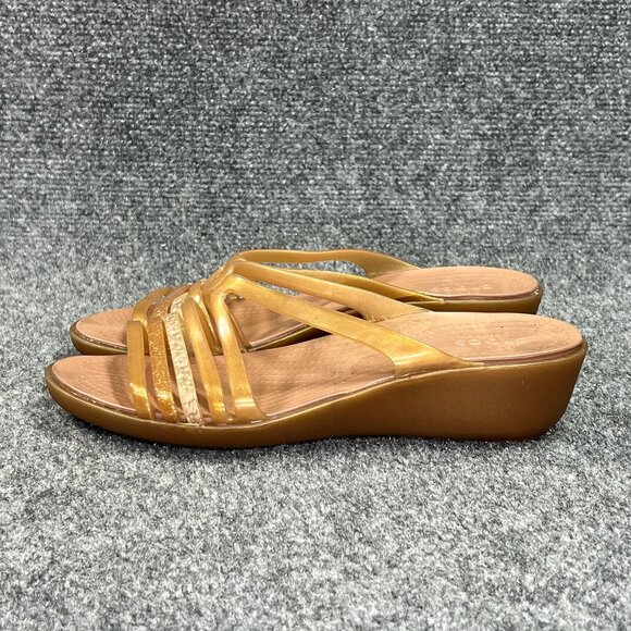 Crocs Isabella Sandals Womens Size 6 Brown Gold Jelly Mini Wedge Slide Flip Flop - Picture 4 of 10